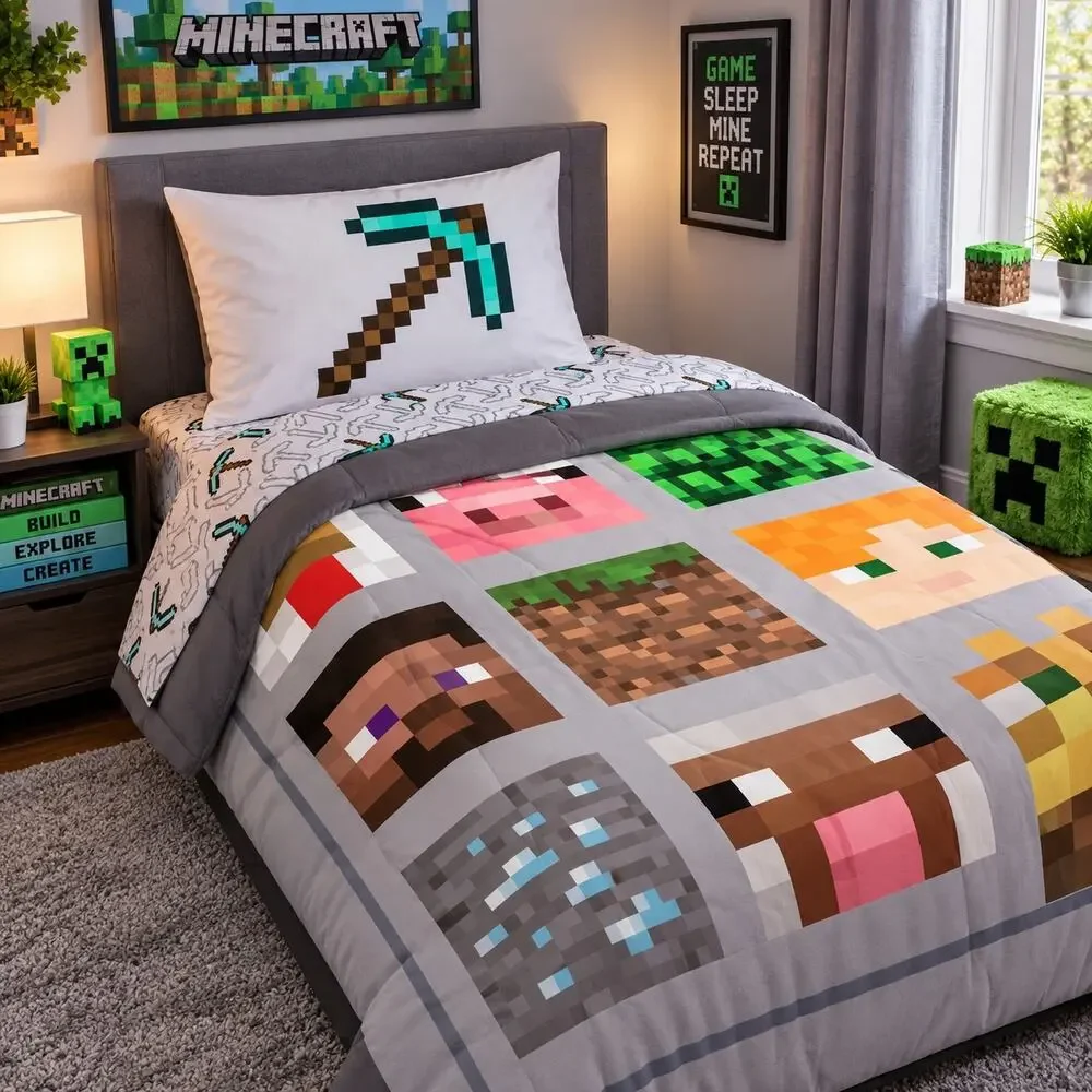 Minecraft Full Size Comforter Super Soft Creeper Gaming Bedding Gray